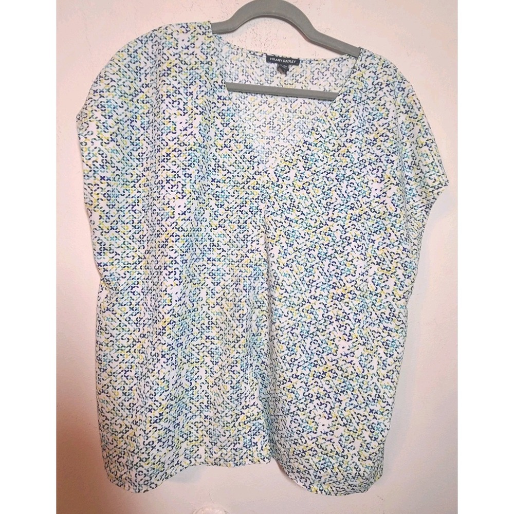 Hilary Radley Women's XL Top Green Blue White V-Neck Short Sleeve Lightweight